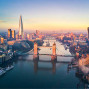 Aerial view of London and the Tower Bridge, England, United Kingdom